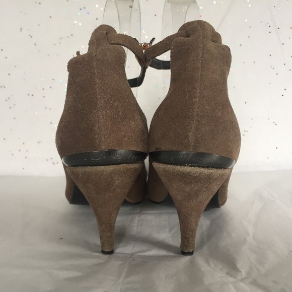 Free People Brown Suede Pointed Toe Pump Ankle Strap Metal toe heel detail! 8 M - Picture 7 of 12